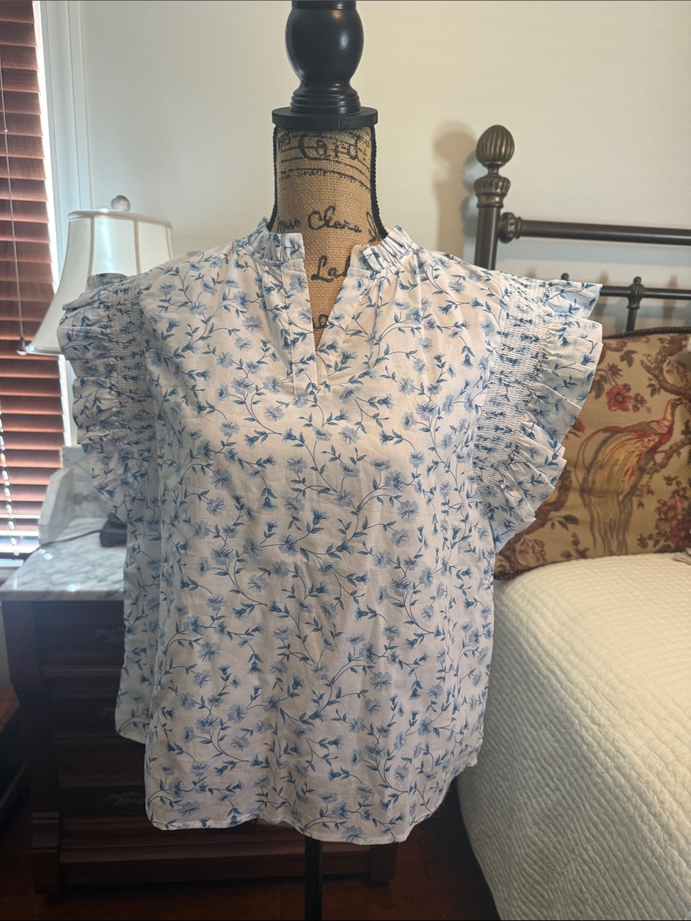 Simply Southern Light Blue Floral Ruffle Sleeve Blouse